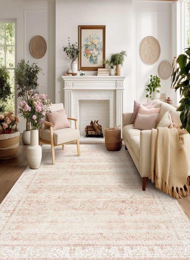 BILEEHOME Light Pink Nursery Rug for Baby Girl Neutral Blush Pink Boho Floral Pattern Carpet 5 x 8 Washable Non Slip Low Pile Soft Surface Area Rugs for Living Room Bedroom Playroom,5x8 - Image 1